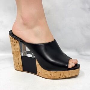 NEW Salvatore Ferragamo Perty Leather Lucite Cork Platform Wedge Mule Sandal 5.5